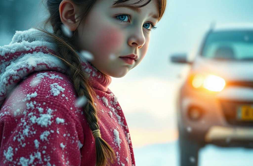 Śnieg spadał jak lodowe igły z szarego nieba, pokrywając popękany asfalt bocznej drogi coraz grubszą warstwą. Wśród tej nieskończonej bieli, maleńka postać posuwała się powoli, chwiejnie, niczym cień gotowy rozpłynąć się w powietrzu.